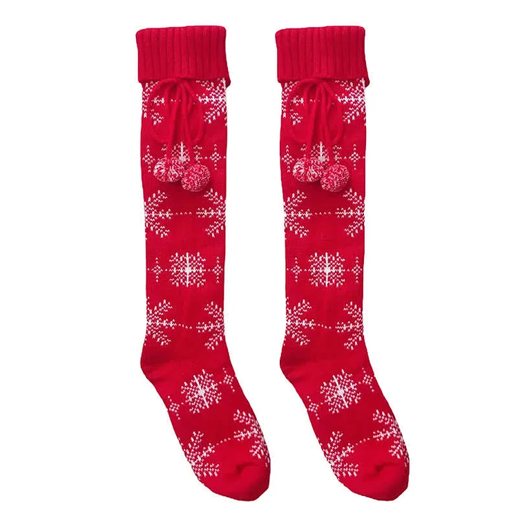 Christmas Snowflake Print Fuzzy Ball Stockings Over the Knee - Modakawa Modakawa