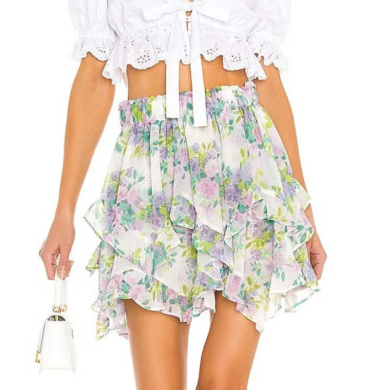 BOHO INSPRIED floral mini skirts womens ruffled layered summer skirt cute elastic waist chic short skirt for women lined skirt