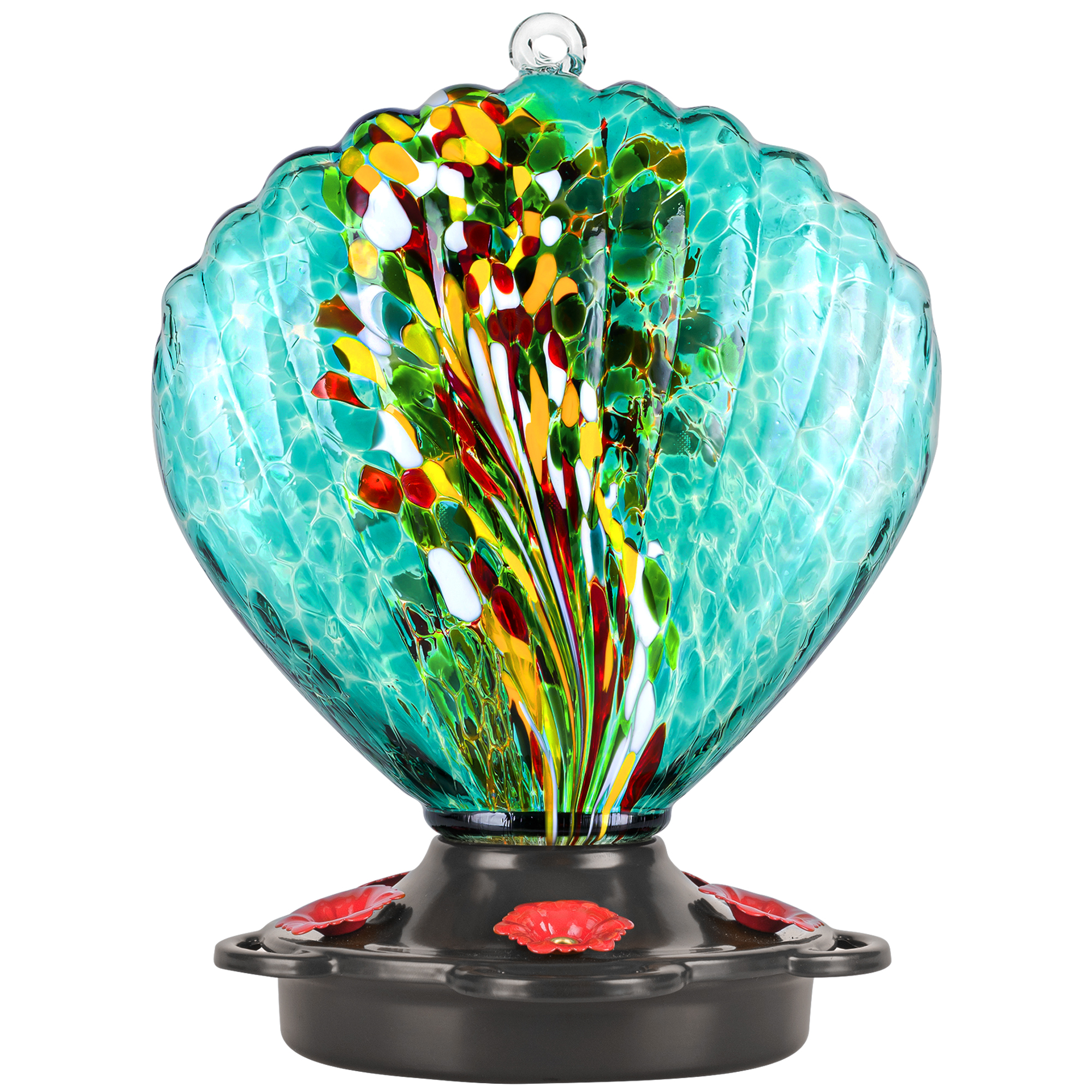 LUJII Seashell Shaped Hand Blown Glass Hummingbird Feeder for Outdoors Hanging, Rust Proof & Leak Proof, 25 fl.oz, Unique Gardening Gift for Women, Garden & Backyard Decor, Teal