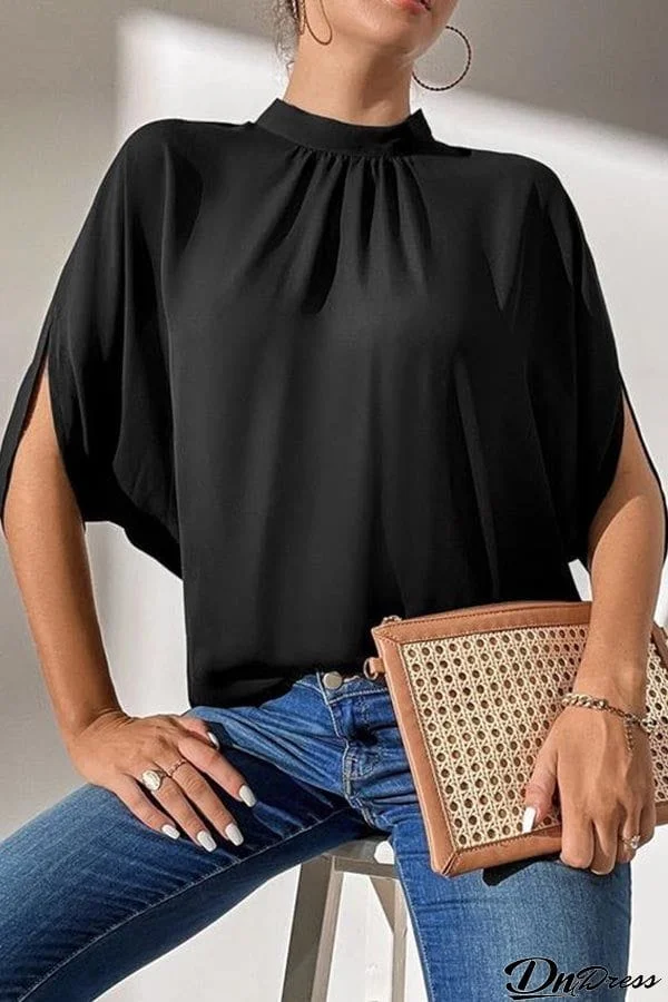 Mock Neck Black Split Sleeve Top
