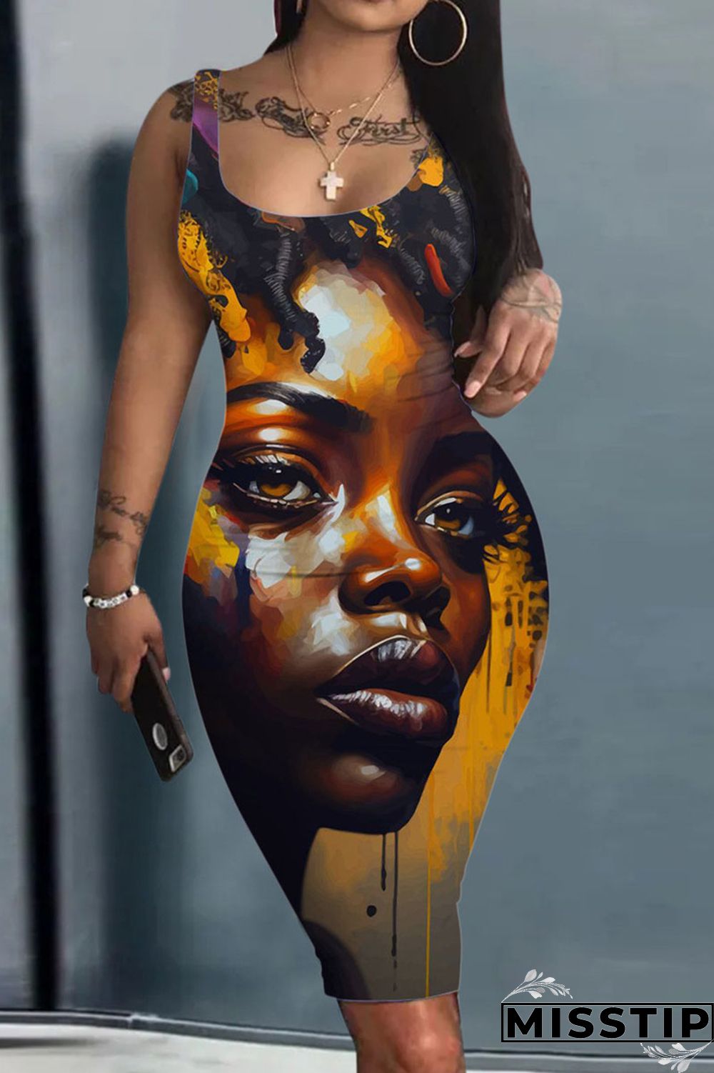 Ginger Casual Street Print Patchwork U Neck Vest Dress Dresses