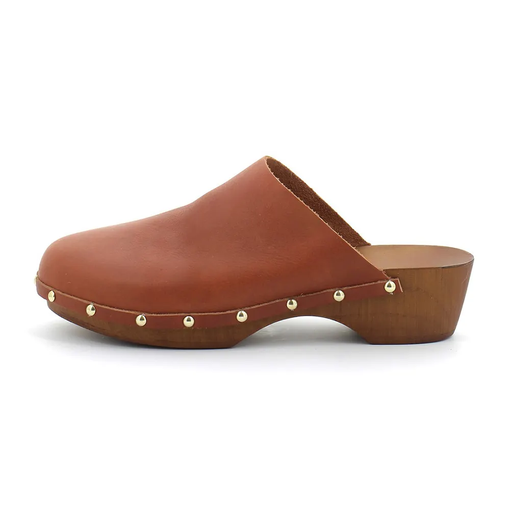 Brown Vegan Leather Round Toe Chunky Heel Studded Mules for Women