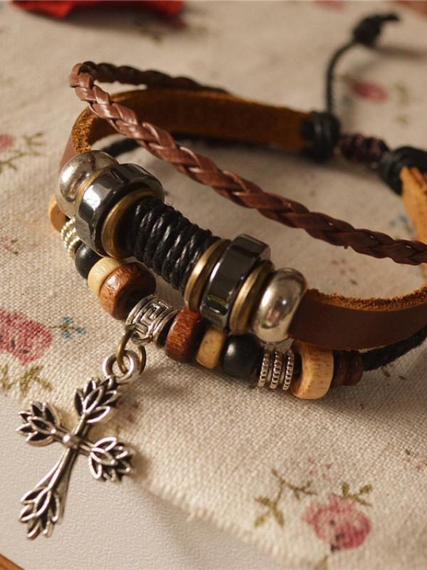 Vintage Cross Beaded Leather Woven Bracelet