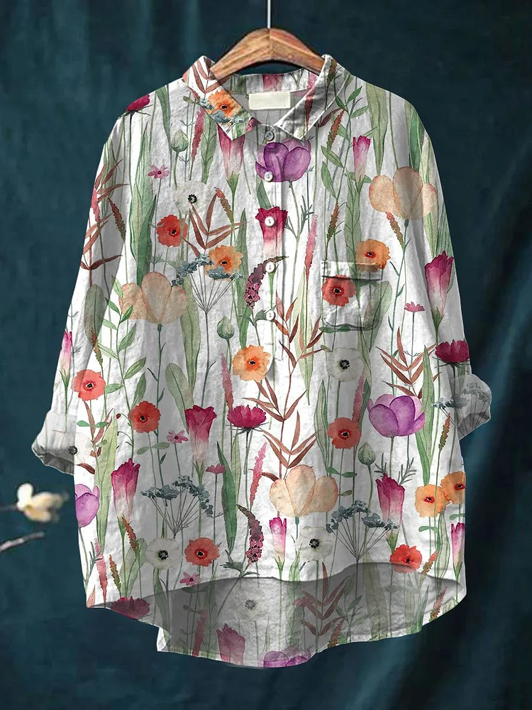 Women's Wild Flower Art Print Casual Cotton And Linen Shirt