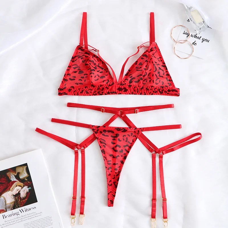 Billionm Leopard Female Lingerie Red Underwear 3-Pieces Lace Wireless Bra Thongs With Garters Belt Erotic Intimate Fancy Outfits