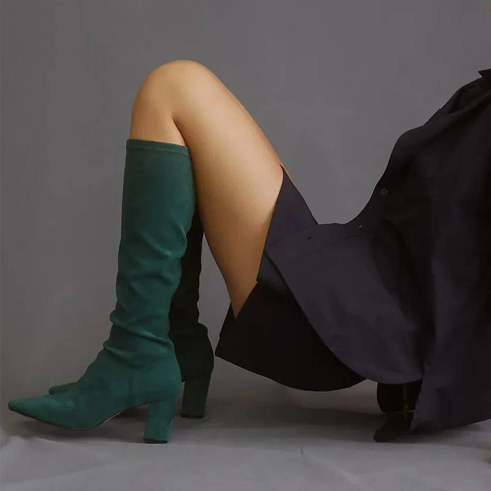 Elegant Green Pointed Toe Side Zipper Stretchy Knee High Heeled Boots