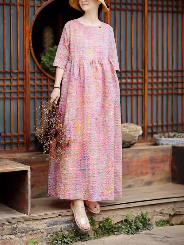 Rainbow Pink Linen Loose Yarn-Dyed Big Swing Midi Dress