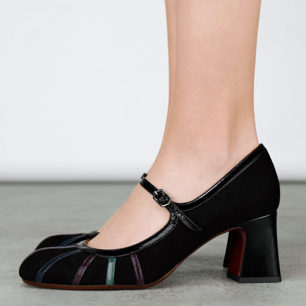 Black Round Toe Buckle Mary Jane Heels with Colorful Stripes Nicepairs