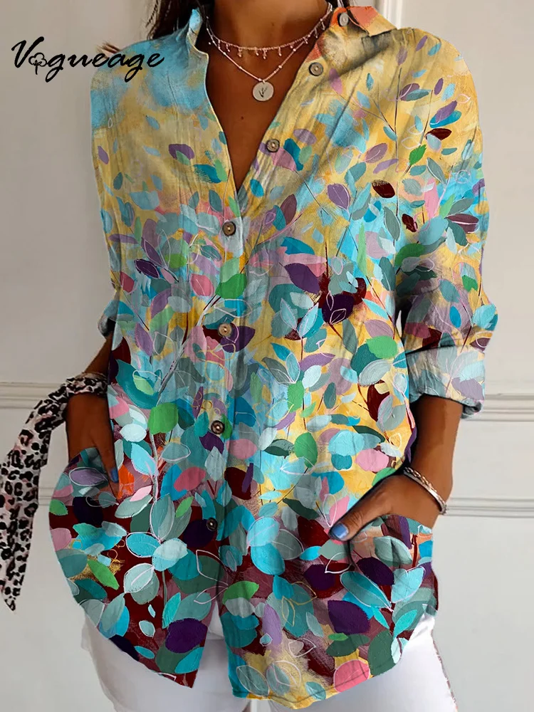 Elegant Charming And Gentle Leaves Long Sleeves Printed Cotton And Linen Shirt