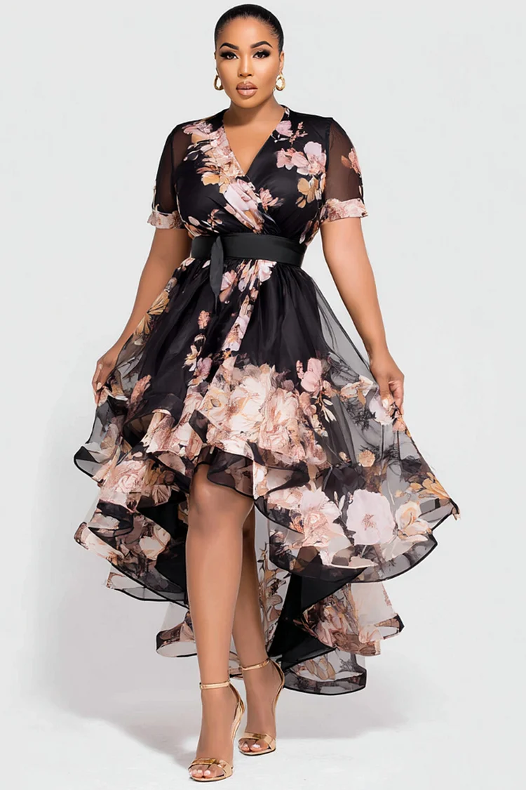Xpluswear Design Plus Size Cocktail Party Multicolor Floral Wrap Neck Short Sleeve High Low Hem Ruffle Organza Mini Dresses [Pre-Order] 2024 - Xpluswear