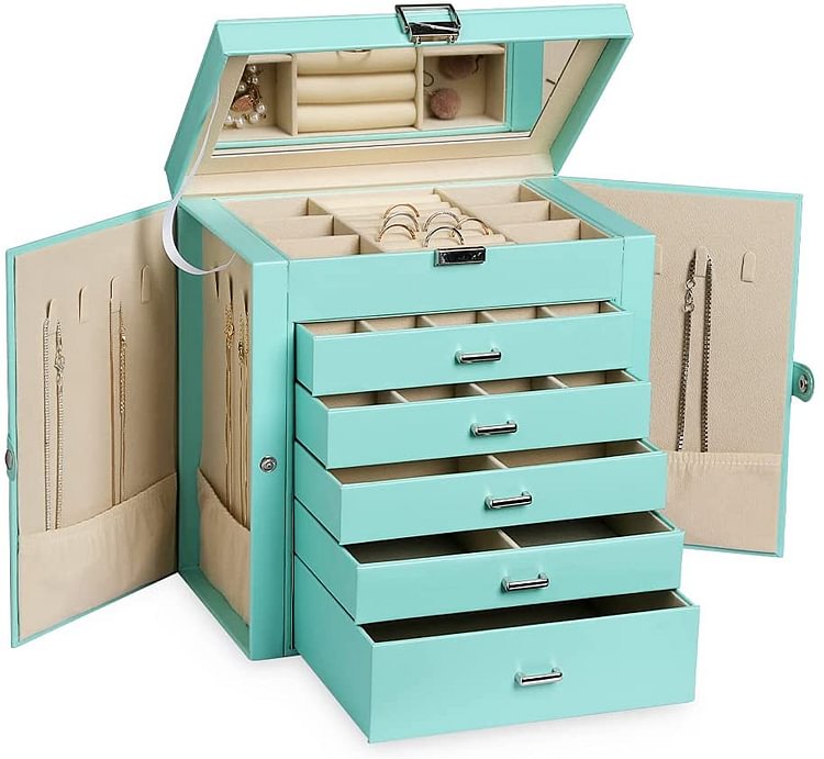 6 Layers PU Leather Multifunctional Jewelry Organizer Storage Box with Mirror