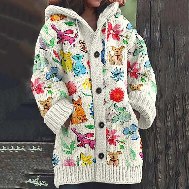 Art Dog Print Knitted Hooded Cardigan