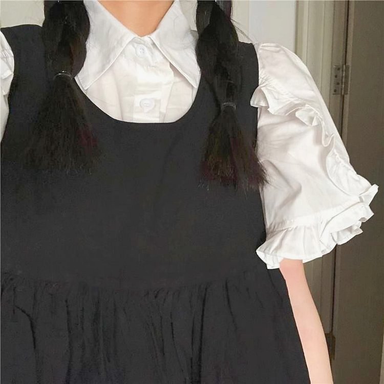 Lace Puff Sleeve T-Shirt Suspender Skirt Two Pieces - Modakawa modakawa