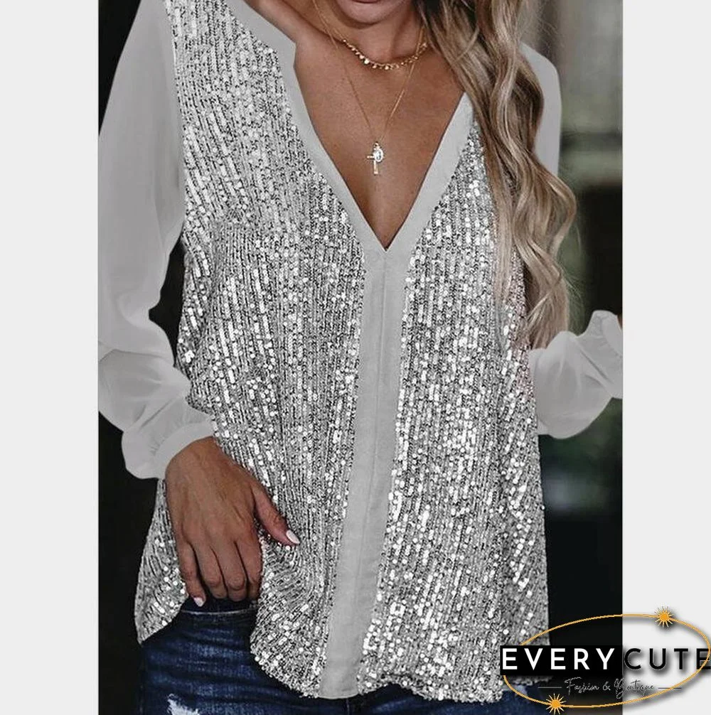 Sexy Deep V Neck Sequins Shirt