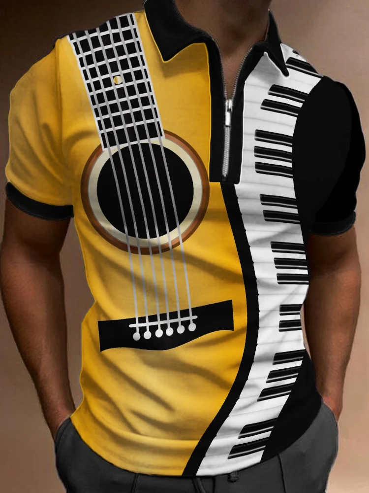 BrosWear Men's Guitar & Piano Inspired Contrast Art Polo Shirt
