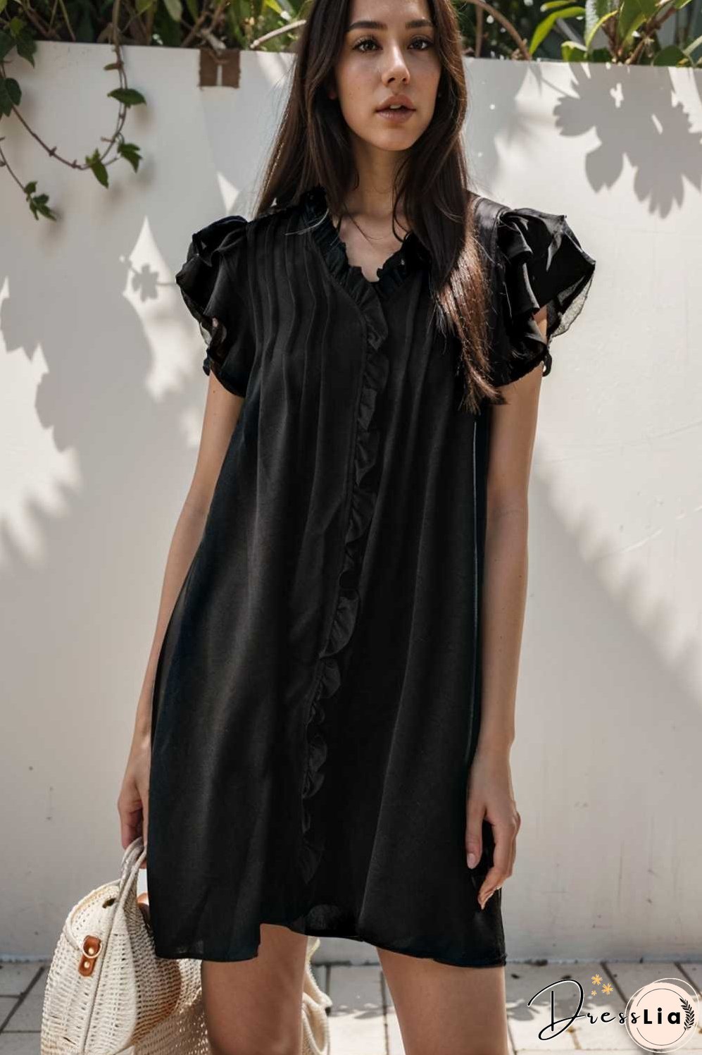 sweet black ruffle sleeve v neck mini shift dress