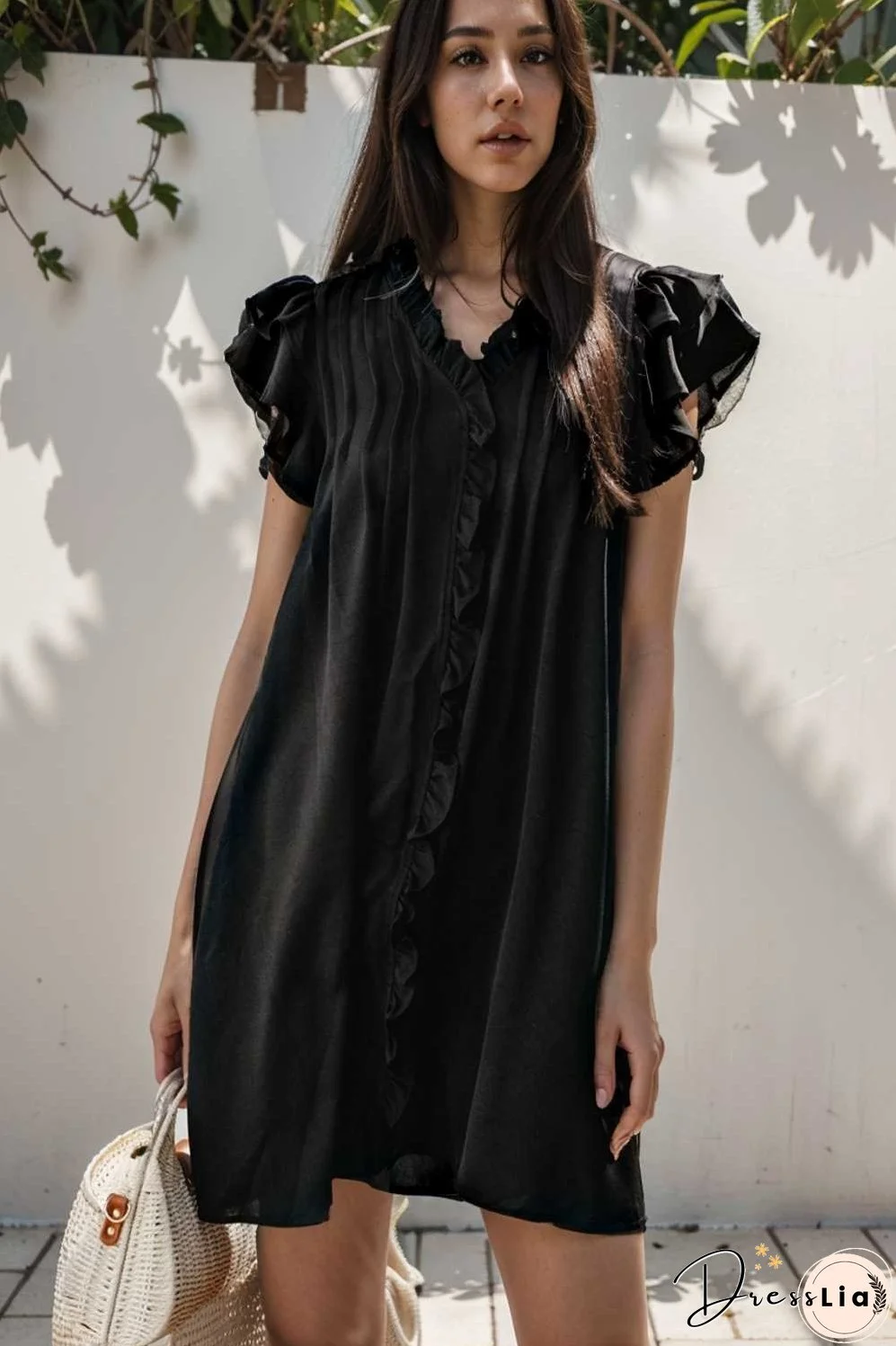 sweet black ruffle sleeve v neck mini shift dress