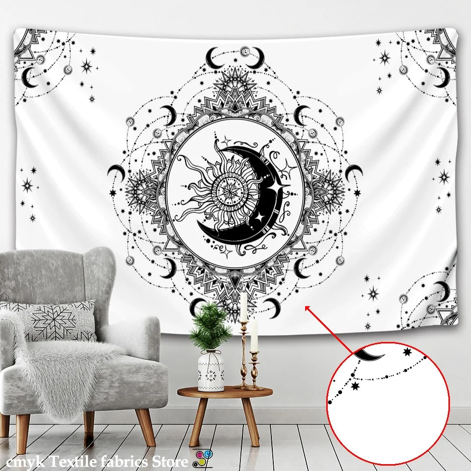 White Black Sun Moon Mandala Tapestry Wall Hanging Celestial  Hippie  Carpets Dorm Decor Psychedelic Witchcraft Halloween