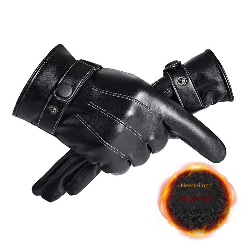 Winter Men’s Three-line Warm Gloves Cycling Fleece-lined Touch Screen Gloves Motorcycle Thickened Winter Leather Gloves Windproof