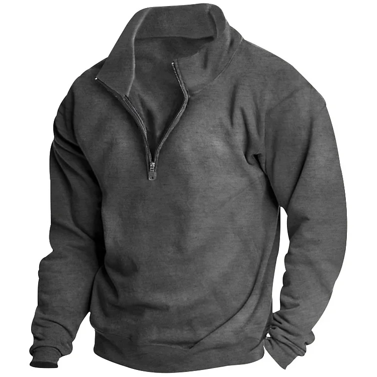 Comstylish Men's Solid Color Outdoor Zippered Standing Neck Sweatshirt