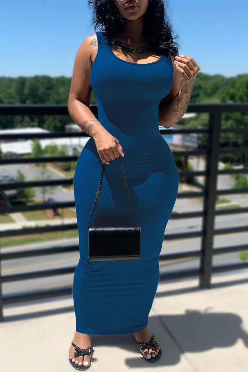 Sexy Solid Color Ruched U Neck Vest Dresses