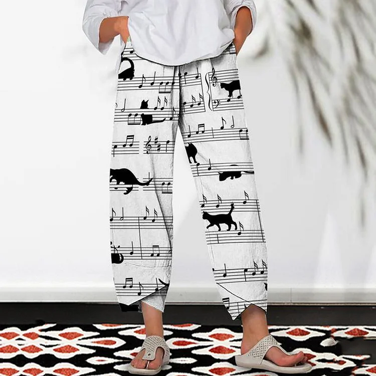 Black And White Cartoon Sheet Music Cat Print Pants