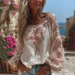 Women's Pink Rose Embroidered Art Round Neck Long Sleeve Blouse - Image 2