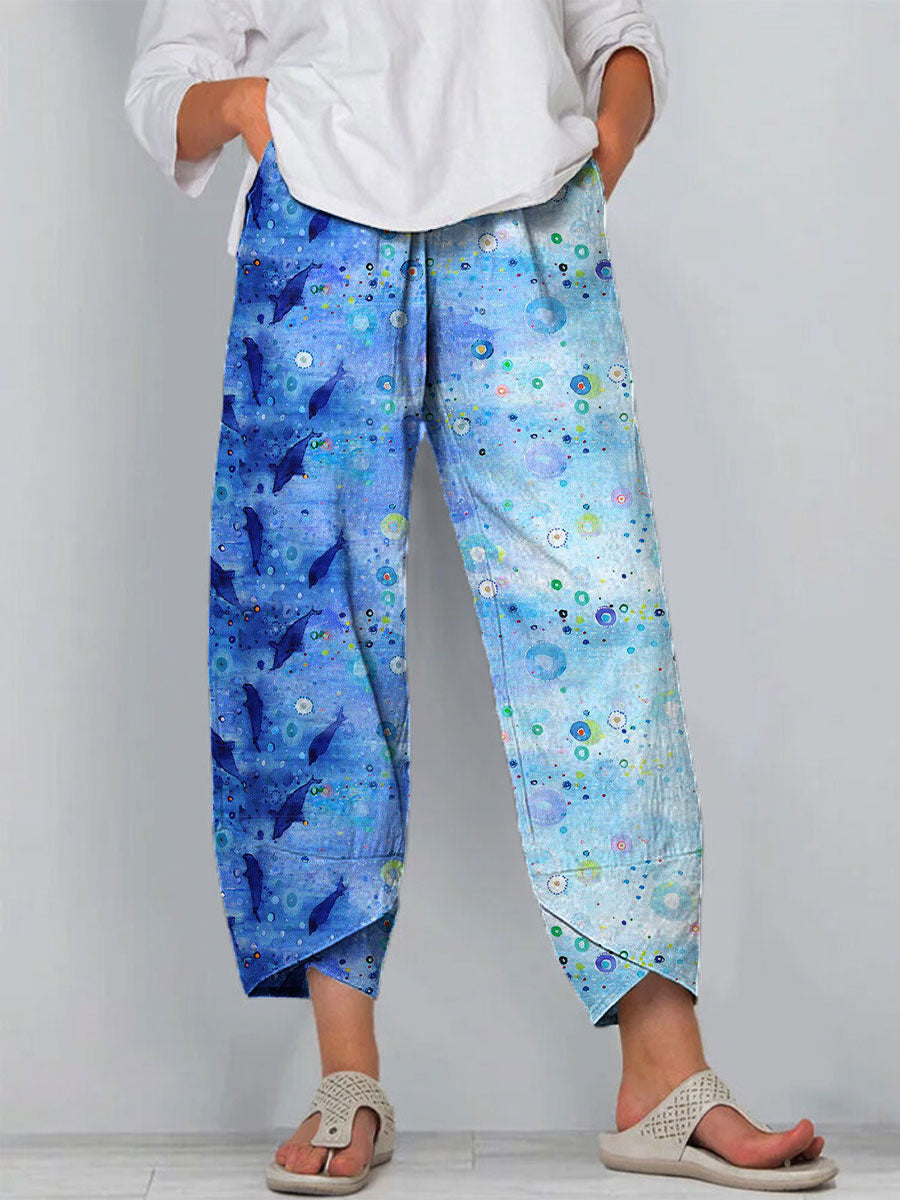 Women's Vintage Blue Ocean Art Print Cotton And Linen Casual Pants