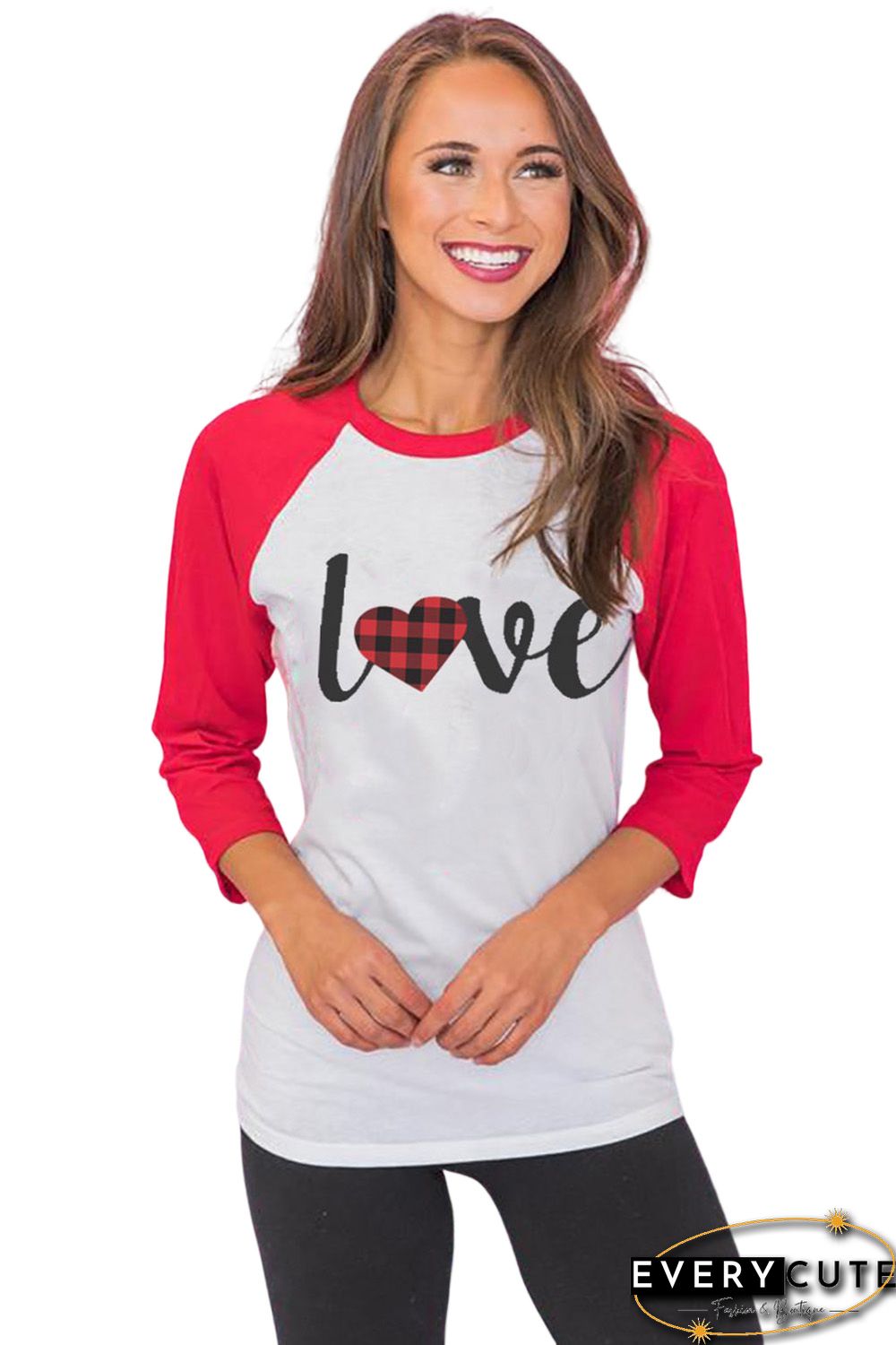 Red Love Plaid Heart Color Block 3/4 Sleeve Top