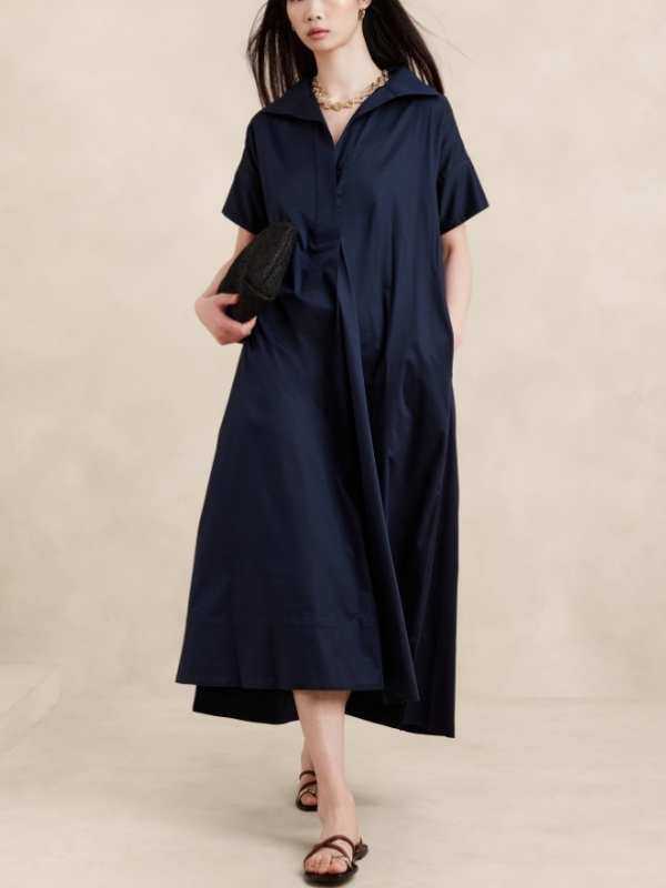 V-Neck Short Sleeve Loose Side Pocket Slit Maxi Dress