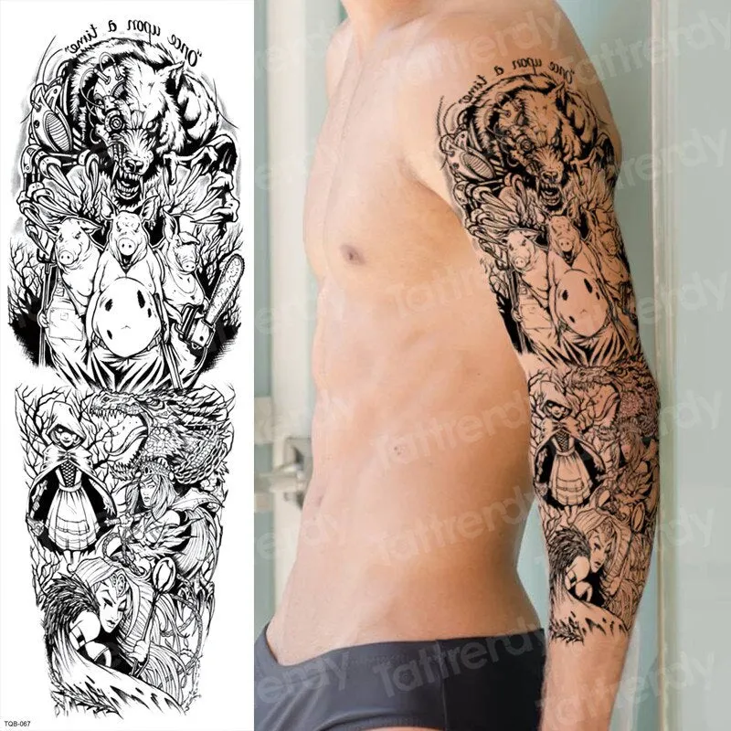 temporary tatoo men large waterproof temporary arm sleeve tattoo black robot mechanical tattoos tribal lion head king fox design