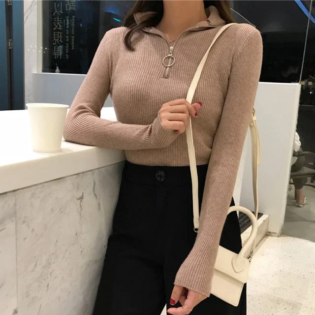 Women Zipper Turtleneck Winter Basic