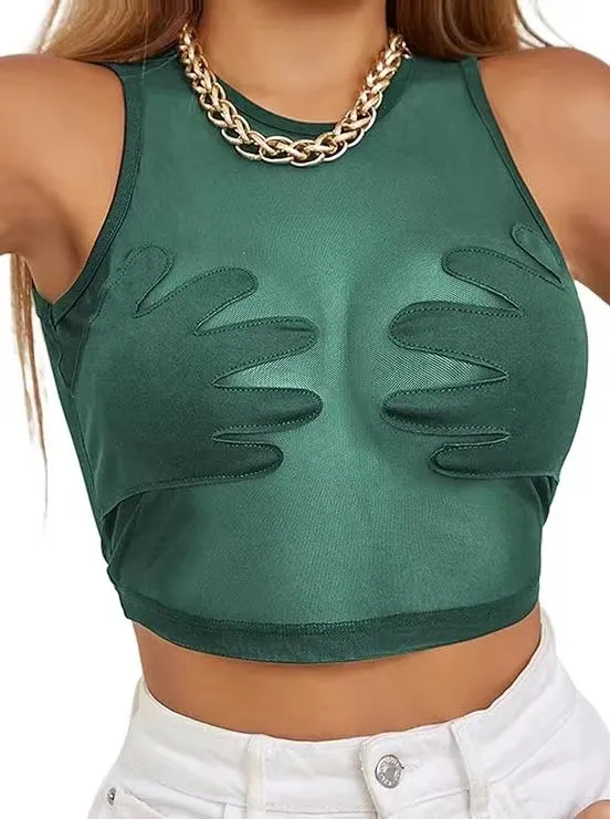 Brownm 2024 Summer New Round-Neck Women's Sleeveless Mesh Perspective Embroidered Palm Creative Vest Woman