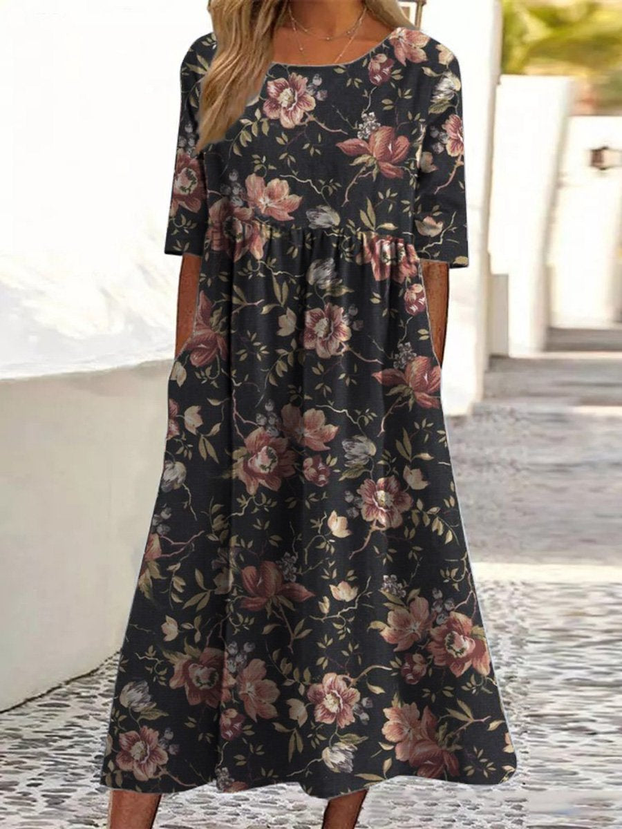 Vintage Style Tropical Floral Pattern Printed Women's Pocket Cotton Dress