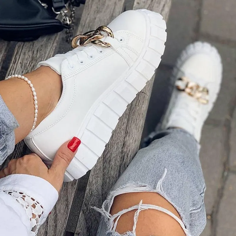 Summer Women Trend Design Flat Sneaker Platform Thick Sole Chain Decoration Lace Up Solid Quality Leather Shoes Ladies Female