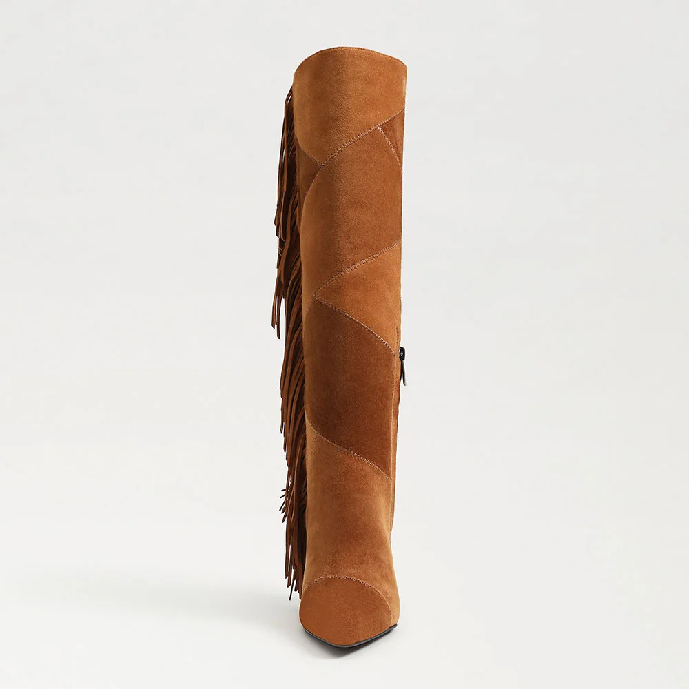 Brown Vegan Suede Patchwork Flared Heel Side Fringe Knee High Boots
