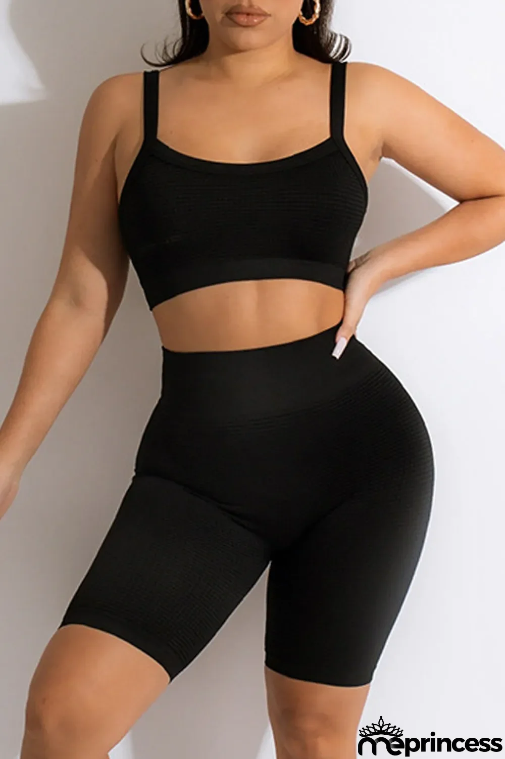 Black Casual Sportswear Solid Backless Spaghetti Strap Sleeveless Two Pieces