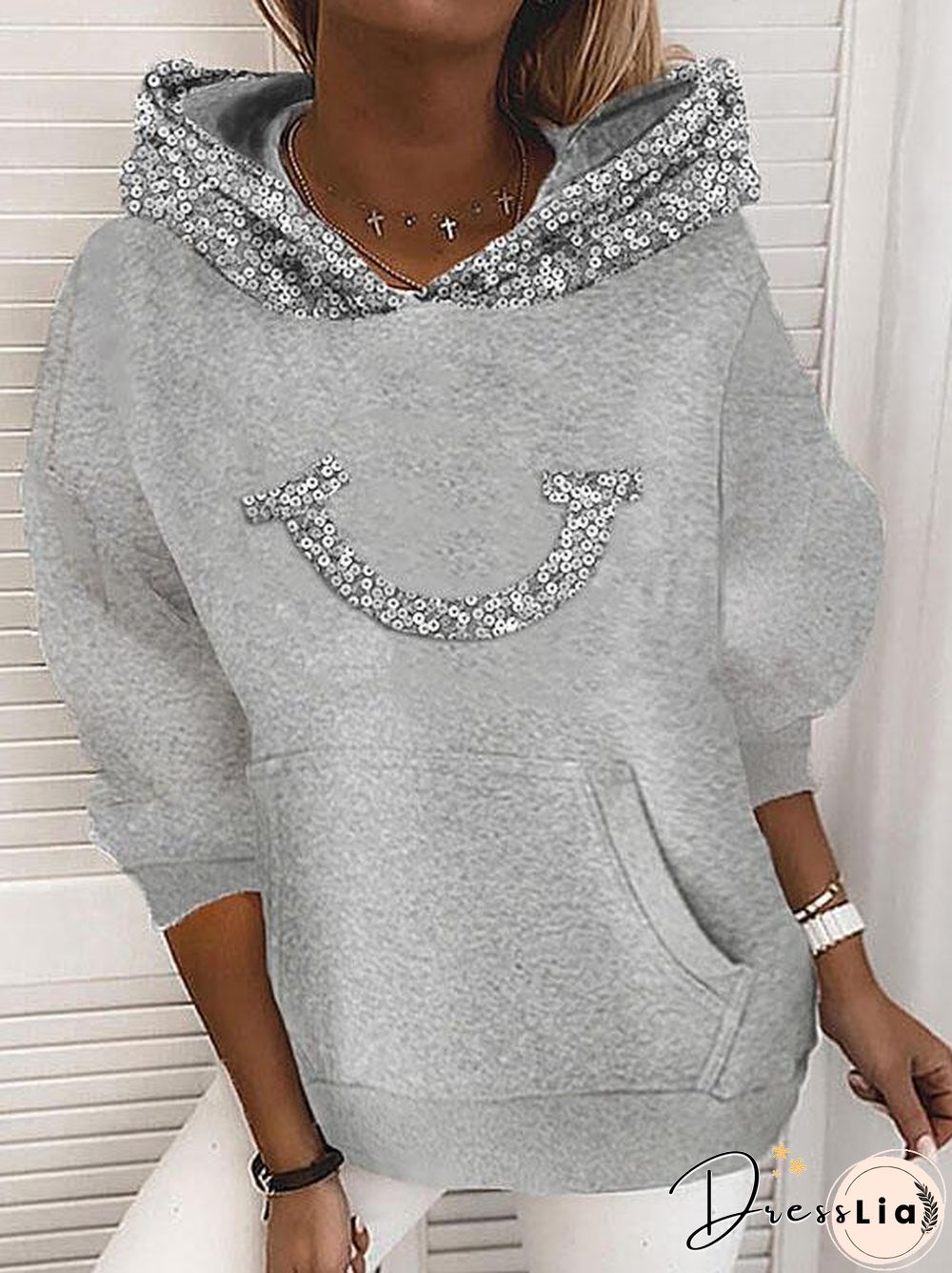 Sliver Sequin Smile Pattern Hoodie