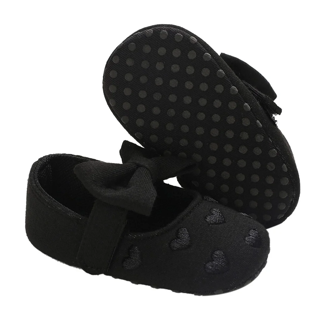 Infant Baby Girl Crib Shoes Heart Embroidery Anti-Slip Soft Sole Heart Print Mary Jane Flats Cute Bow First Walkers