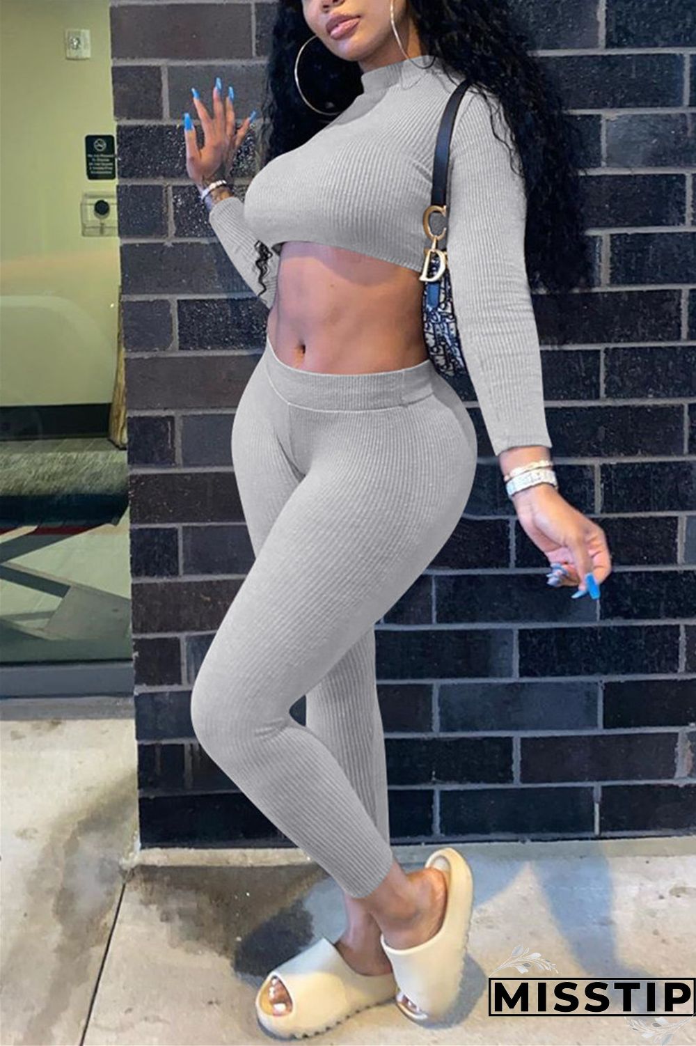 Blue and gray Fashion Street SportswearSolid Pullovers Half A Turtleneck Two Pieces