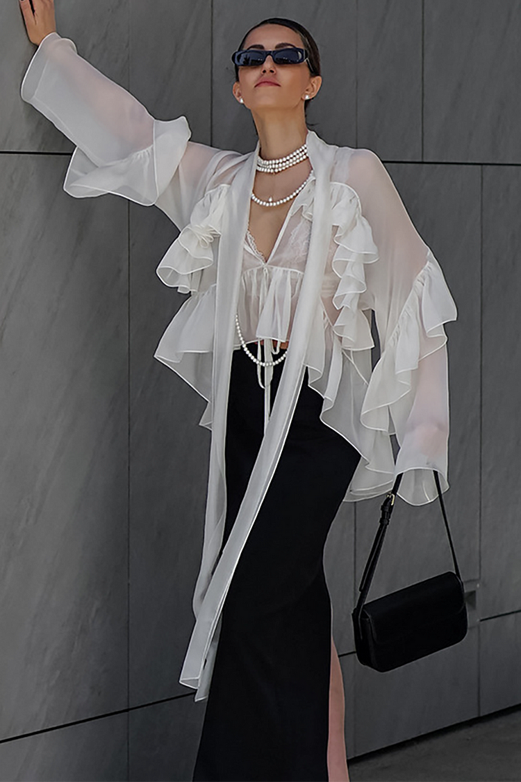Ruffled Long Sleeve Streamer Design See Through Blouse-White