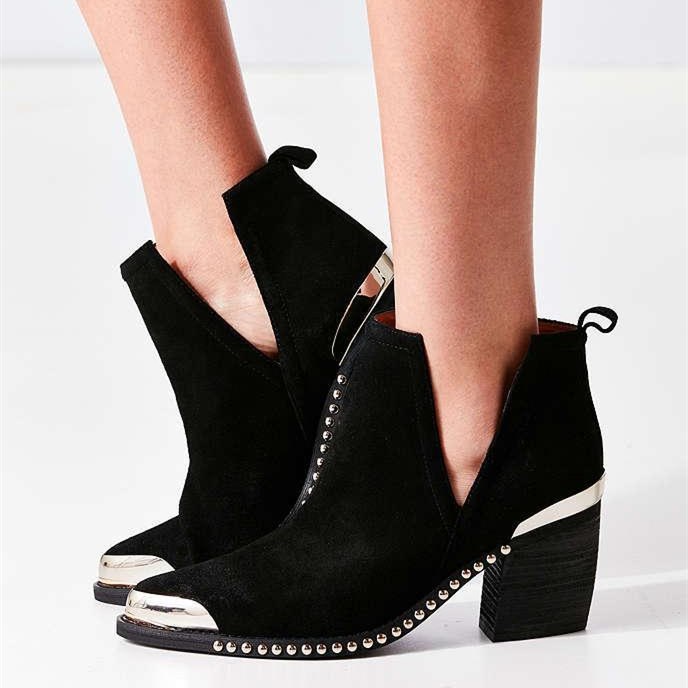 GOOSHOE Black Cut Out Boots Suede Metal Pointy Toe Studs Short Boots