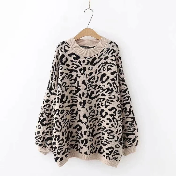 2021 New Women's sweater Autumn And Winter Knitted Loose Leopard Round Neck Pullover Long Lantern Sleeve Sweater