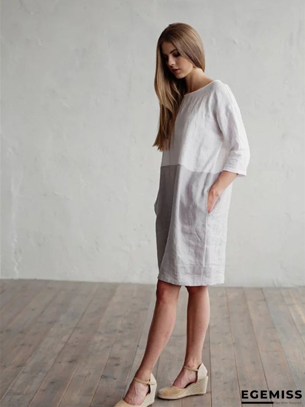 Loose Solid Color Cotton Linen Patchwork Dress Round Neck Seven Sleeve Skirt Waist | EGEMISS