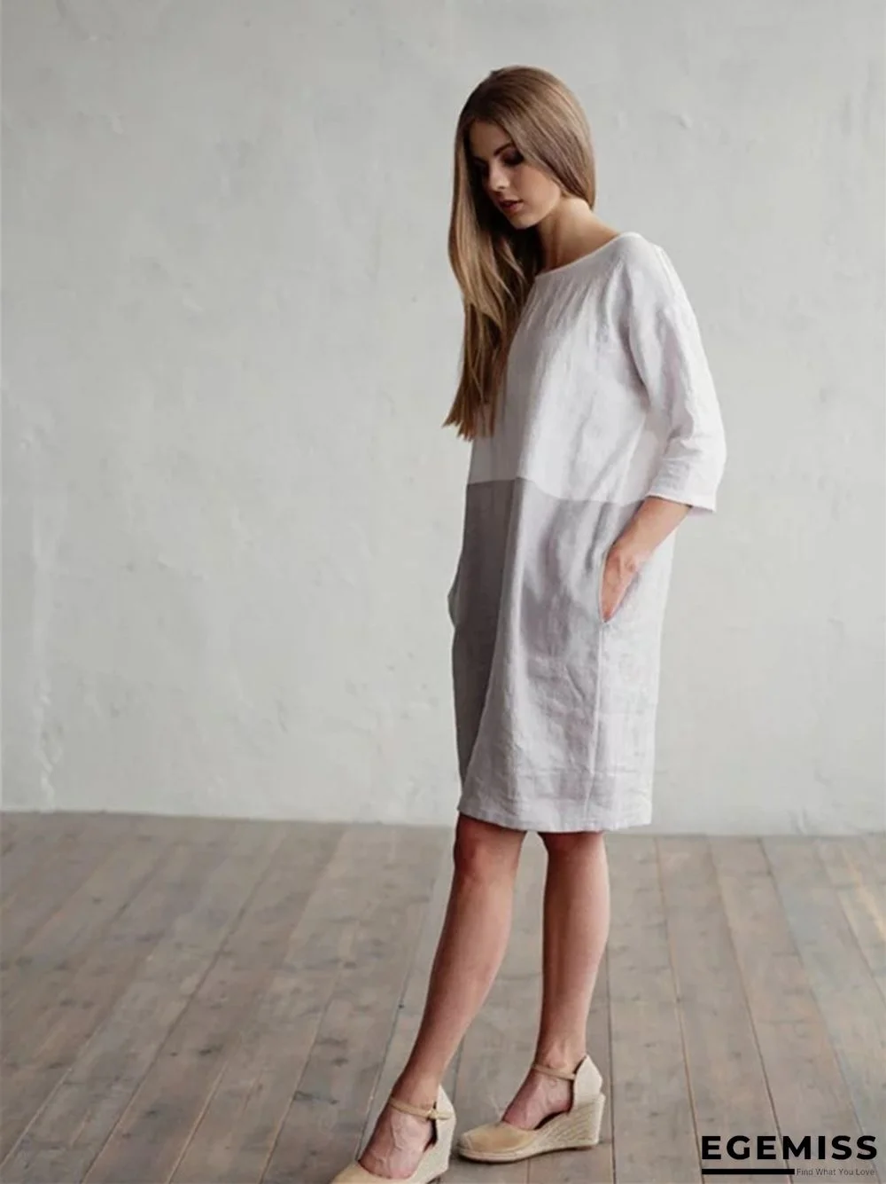 Loose Solid Color Cotton Linen Patchwork Dress Round Neck Seven Sleeve Skirt Waist | EGEMISS