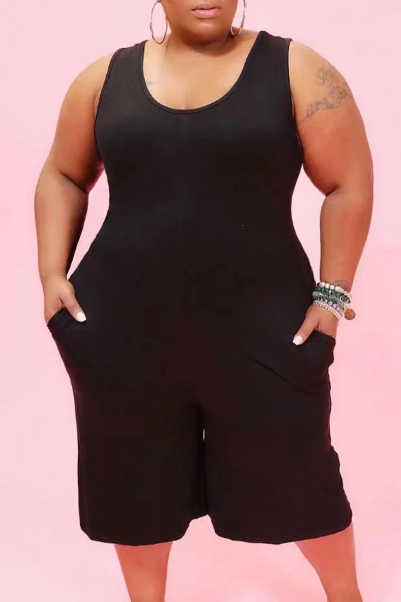Black Casual Solid Pocket O Neck Plus Size Jumpsuits