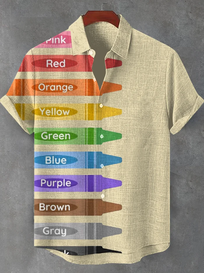 Men's Fun Learning Colorful Crayons Print Casual Shirt