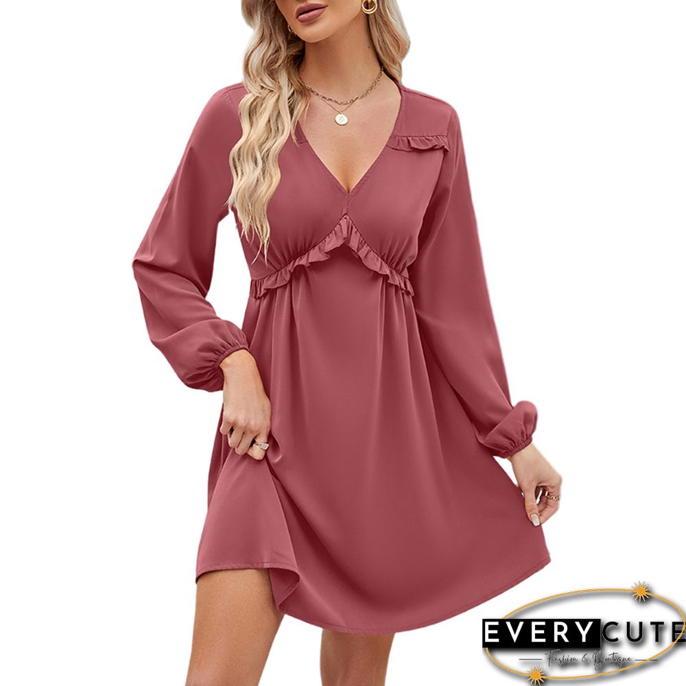 Pink V Neck Ruffle Detail Long Sleeve Dress