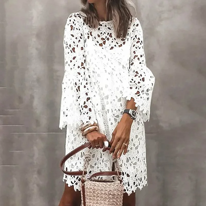 ZANZEA Fashion Women Lace Crochet Work Sundress 2PCS Spring Elegant Long Flare Sleeve Sundress Robe Femme Hollow Out Midi Dress