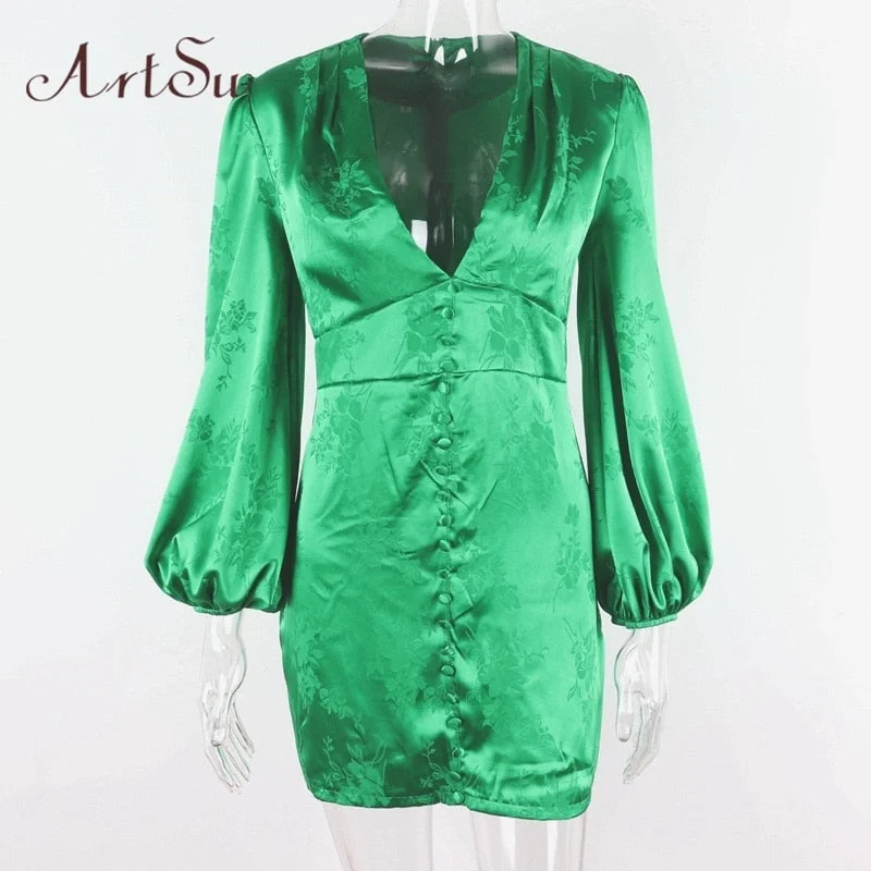 ArtSu Women&#39;s Satin Dresses Green Gold Deep V Neck Botton Lantern Sleeve Mini Dress Sexy Female Party Dresses Club Autumn 60551